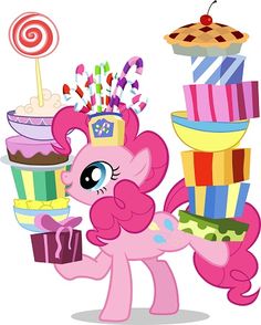 a pinkie pony holding a pile of cupcakes and a lollipopo