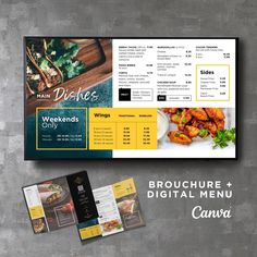 a brochure and menu design for a restaurant with food items on the table