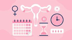 a pink background with different types of things on it, including a woman's breast