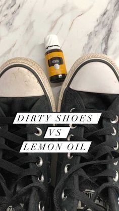 a pair of black sneakers with the words dirty shoes vs lemon oil on them next to a bottle of essential oils