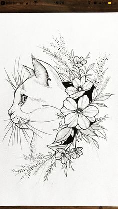 a black and white drawing of a cat with flowers on it's back side