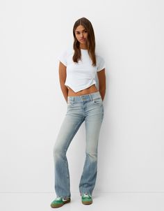 Low waist boot-cut jeans - Jeans - BSK Teen | Bershka Bootcut Jean, Jumpsuit Jacket, Grey Light, Short Jumpsuit, Dress Trousers, Blouse And Skirt, Beetlejuice, Blue Dark, Low Waist