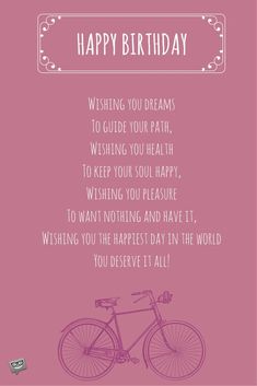 a pink birthday card with a bicycle on the front and words that says, happy birthday wishing you dreams to guide your path