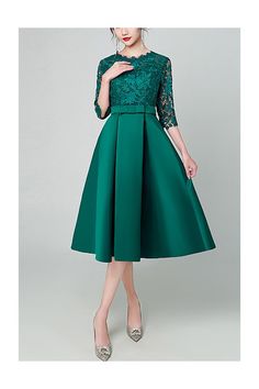 Green Satin Lace Semi Party Dress with Half Sleeves - $59.9832 #S1835 - SheProm.com Half Frock Designs For Women, Satin Frocks For Women, Party Frock Designs, Dress Pengantin, Frock Designs For Women, Mode Batik, Summer Frocks, Jean Outfit