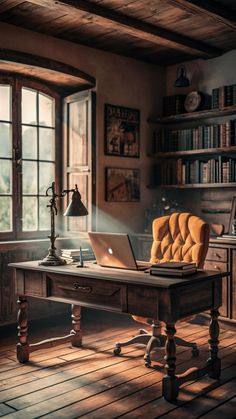 a laptop computer sitting on top of a wooden desk in front of a book shelf