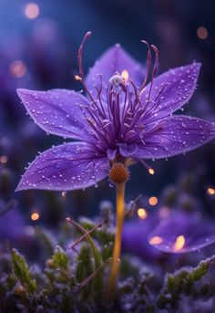 a purple flower with water droplets on it's petals in the middle of mossy ground