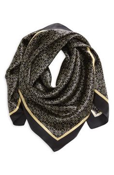 A silk square scarf in an elegant pattern makes it effortless to achieve a sophisticated look. 33" square 100% silk Dry clean Imported Chic Square Silk Scarves, Chic Square Silk Scarf For Formal Occasions, Elegant Square Silk Scarf, Chic Formal Square Silk Scarf, Formal Chic Square Silk Scarf, Elegant Gold Square Silk Scarf, Elegant Black Square Silk Scarf, Elegant Gold Square Scarf, Formal Scarf