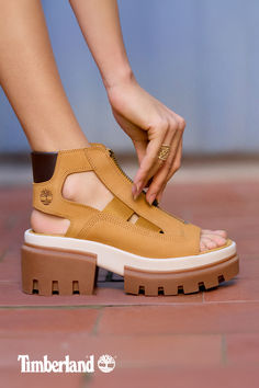 Discover Timberland's new line of sandals and apparel, designed to reflect your personal balance of comfort and style. Ladies Slippers, Two Strap Sandals, Outdoor Slippers, Sleeves Designs For Dresses, Unique Fabric, Fabulous Shoes, New Line