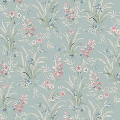 a blue floral wallpaper with pink, white and green flowers on the left side