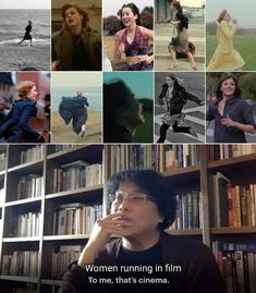 a collage of women running in film to me, that's cinema