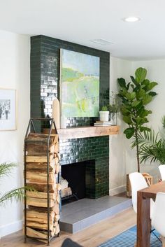 a living room filled with furniture and a fire place next to a painting on the wall