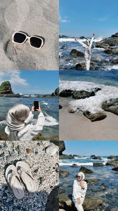 the woman is taking pictures on her cell phone at the beach