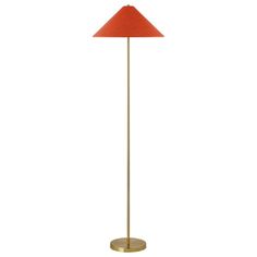 a floor lamp with an orange shade on the top and gold base, against a white background