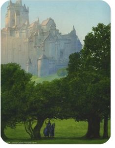 a painting of two people riding horses in front of a castle with tall towers and trees