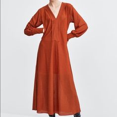 Brand New With Tags, Never Worn 100% Polyester Lined V-Neck Brown V-neck Maxi Dress For Work, Orange V-neck Maxi Dress For Daywear, Orange V-neck Midi Dress For Work, Fall Orange V-neck Midi Dress, Zara Orange Fall Dress, Zara V-neck Dresses For Fall, Zara Orange Dress For Fall, Zara Orange V-neck Midi Dress, Zara Orange Long Sleeve Dress