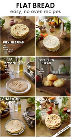 the steps to making flat bread are shown in four different pictures, including pizzas and pita bread