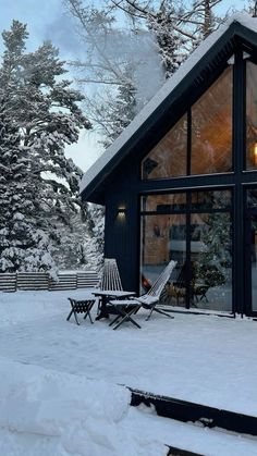 a cabin in the middle of winter with snow on the ground and trees around it