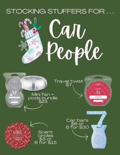 a poster with different items on it and the words, stocking stuff for car people