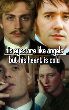 two men with different facial expressions and the caption reads, his eyes are like angels but his heart is cold