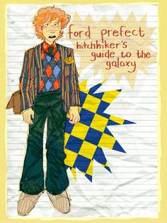 a drawing of a man with red hair wearing a suit and tie, standing in front of a piece of paper that says ford perfect hitchhiker's guide to the galaxy