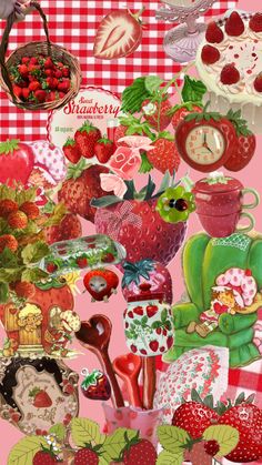 a collage of strawberries, strawberrys and other food items on a pink background