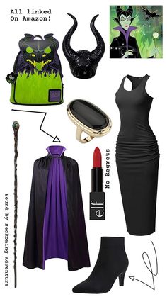 an assortment of halloween costumes and accessories including a black dress, green bag, red lipstick, devil horns, purple skirt