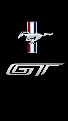 the front end of a mustang logo on a black background with red, white and blue stripes