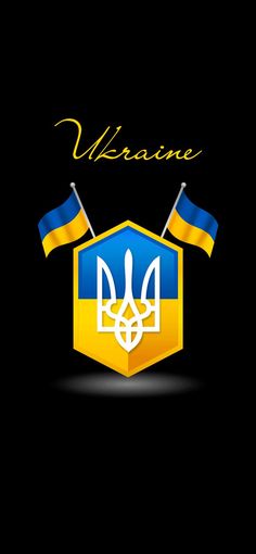 the ukraine coat of arms with two crossed swords in front of an emblem on a black background