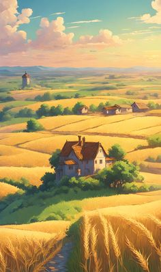 a painting of a house in the middle of a wheat field