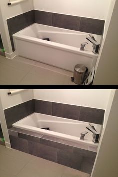 two pictures of the same bathtub in different rooms