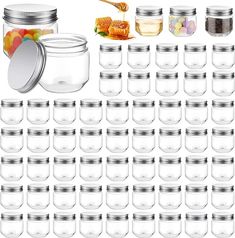 many jars with lids and spoons filled with candy