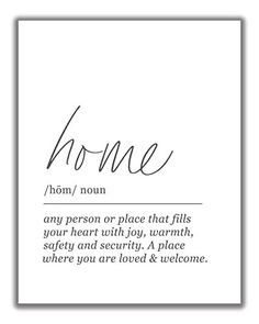 the word home written in black ink on a white card with a handwritten poem