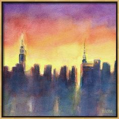 a painting of a city skyline at sunset