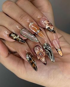 Rose Charm Nails, Brown Floral Nails, Nail Inspo Charms, Cross Charm Nails, Long Nails With Charms, Italian Nails, Bamboo Nails, 3d Gel Nails, Nails 3d Gel