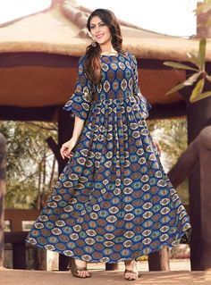 Cotton Umbrella Kurti, Kalamkari Dresses, Cotton Gowns, Simple Gowns, Long Kurti, Gaun Fashion, Long Gown Dress