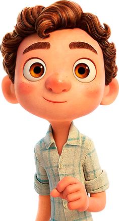 an animated boy with big eyes and brown hair, wearing a blue shirt is pointing at the camera