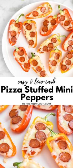 pepperoni pizza stuffed mini peppers on a white plate with text overlay that reads easy and low carb pizza stuffed mini peppers