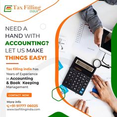 an advertisement for tax filing in india with people working on paperwork and calculator