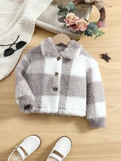 Teddy Jacket, Toddler Girl Outfits, Plaid Print, Girls Jacket, Girls Clothing, Buffalo Plaid, Toddler Girls, Drop Shoulder, Toddler Girl