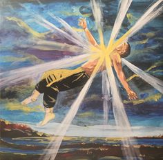 a painting of a man flying through the air with his arms stretched out in front of him