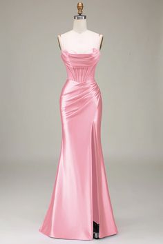 Spaghetti Strap Evening Dress For Prom, Spaghetti Strap Bridesmaid Dress For Prom Season, Formal Spaghetti Strap Gown For Prom, Formal Spaghetti Straps Gown For Prom Season, Formal Gown With Spaghetti Straps For Prom, Formal Gown With Spaghetti Straps For Prom Season, Strapless Satin Bridesmaid Dress For Formal Occasions, Pink Evening Dress With Sweetheart Neckline And Sweep Train, Prom Dress With Spaghetti Straps And Sweep Train