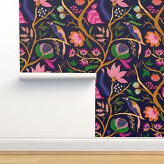 an artistic wallpaper design with colorful flowers and birds on dark blue background, hanging in the corner of a room