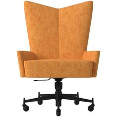 an orange office chair with wheels and casteors on the back, against a white background