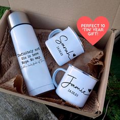 three personalized coffee mugs in a box with the words, perfect 10 year gift