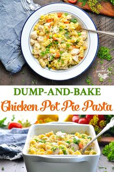 dump and bake chicken pot pie pasta in a white bowl on a wooden table