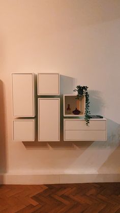 a shelf with some plants on top of it in the corner next to a wall