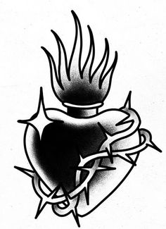 a black and white drawing of a heart with flames coming out of it's center