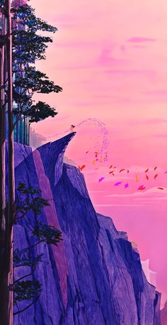 a painting of birds flying over a cliff