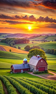 a red barn sits in the middle of a green field with trees and fields around it