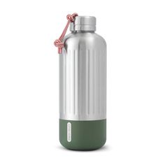 a stainless steel water bottle with a green lid and red string attached to the top